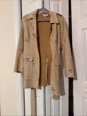 Solitaire Beige Embroidered Suede Trench Coat